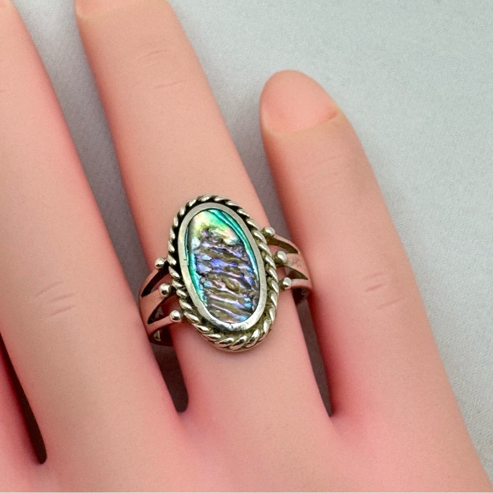 925 Sterling Silver Abalone Shell Oval Cut Boho Art Deco Ring Vintage Look 6.25